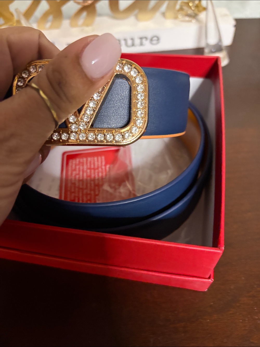Crystal-Embellished Blue Leather Belt